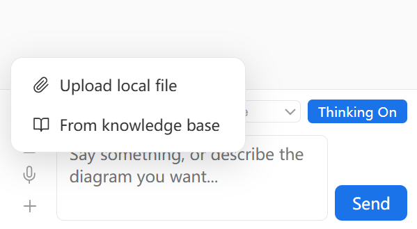 Attachment menu: upload local files or pick from the knowledge base