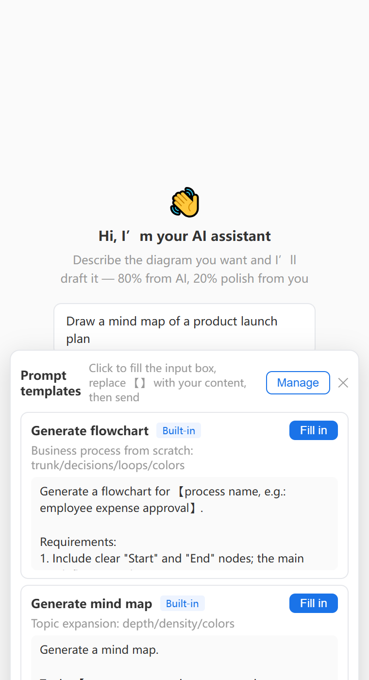AI assistant panel: five skill cards (generate / convert / expand / explain / edit) with sample lines, plan mode and thinking toggles at the bottom