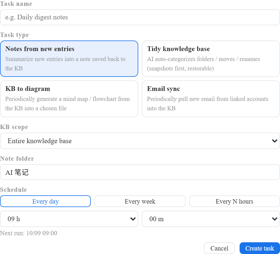 New-task form: six task types (sources to notes / tidy the library / library to diagram / email sync / web research / periodic reports), library scope, save folder and daily / weekly / every-few-hours plans