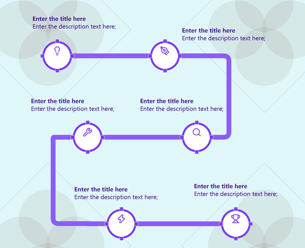 A creative flow in S-curve layout: six round icon nodes (bulb, pen, wrench, magnifier, bolt, trophy) linked by a bold purple ribbon, with title and description placeholders above