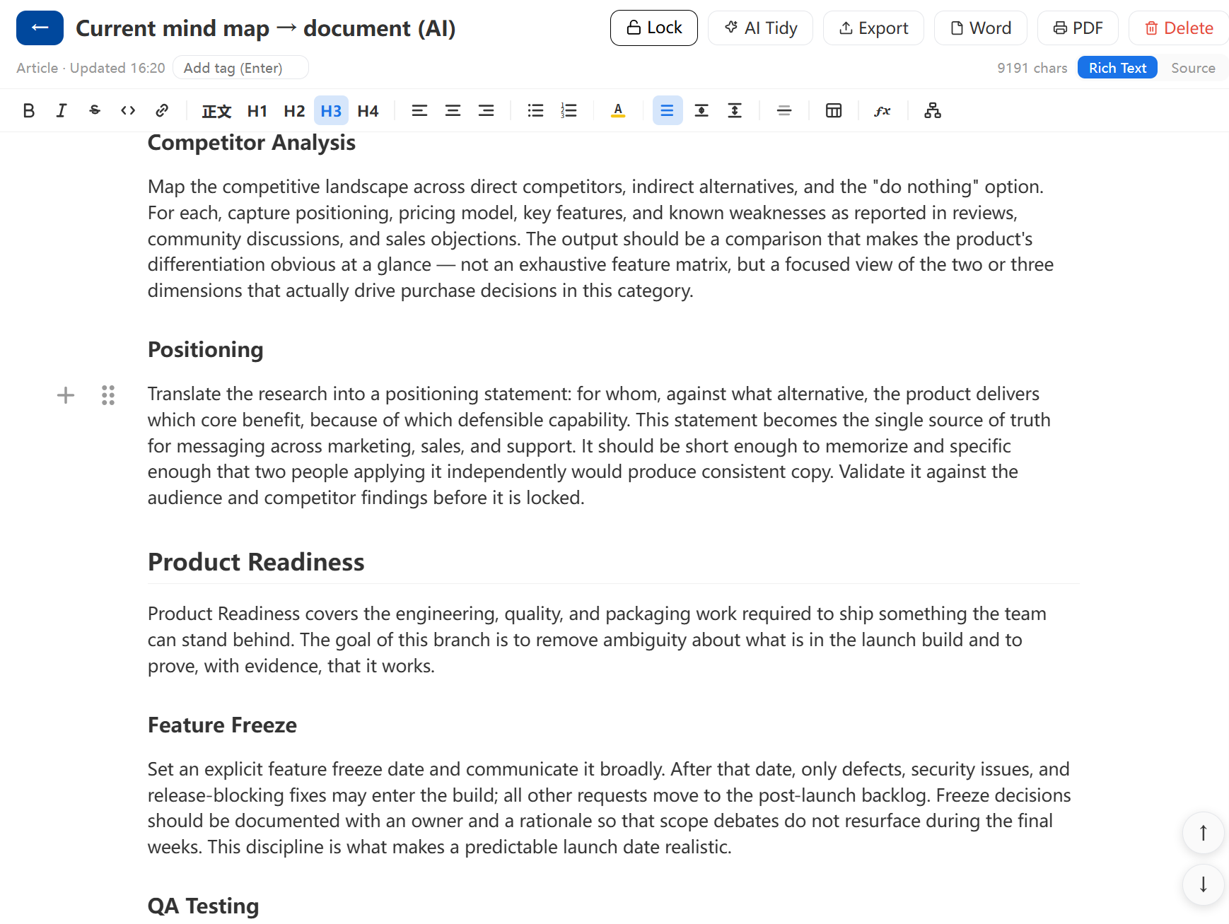 The rich-text editor on an AI-drafted article — Current mind map → document: the H3 style active on the formatting toolbar, Rich Text / Source toggle top right, and the entry header with lock, AI tidy, Export, Word and PDF above 9,191 characters of clean prose