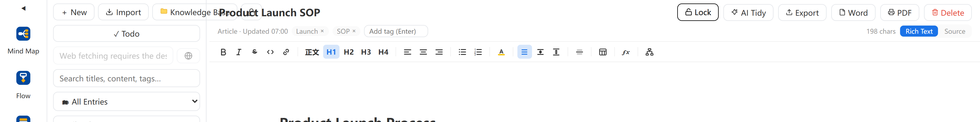 The entry editor header: lock, AI tidy, export, Word, PDF and delete in one toolbar — backups in a click